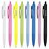 A collection of plastic pens in white, pink, yellow, green, blue, and black, featuring a logo on each pen.