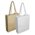 Two paper bags with large gussets, one in brown and one in white, featuring handles and a logo.