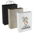 A set of three Paper Kraft shopping bags in black, brown, and white, featuring a logo on the white bag.