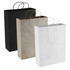 Three paper shopping bags in black, grey, and white, each with matching handles.
