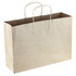 A large brown paper bag with two handles and a plain surface, featuring a logo on one side.