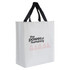 A white paper bag with black handles and a logo featuring four seated figures in a pink graphic.