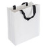 A white paper bag with black handles, featuring a simple design and a branding logo.