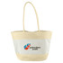 A patterned tote bag in cream with a natural woven texture and a logo on the front.
