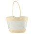 A cream and beige patterned tote bag features a woven design and two long handles. It includes a branding logo.