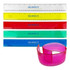 Five PVC soft plastic rulers in white, yellow, red, green, and blue, alongside a pink flexible ruler. Each has a logo.
