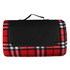 A red and black checkered picnic blanket with a black carry strap and a folded design. It features a logo on the front.