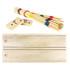 A wooden play set featuring coloured sticks and dominoes in natural wood tones. The set includes a logo.