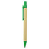 A recycled cardboard pen with a natural body and green accents. Features a clip and a logo.
