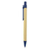 A recycled cardboard pen with a blue plastic tip and clip, featuring a natural cardboard barrel.