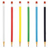 A collection of round mechanical pencils in white, red, yellow, green, blue, and black, featuring erasers and a logo.