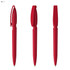 A red plastic pen with a clip, featuring a sleek design and cap. The pen has a logo on its surface.