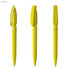 A plastic pen in bright yellow, featuring a clip and cap. The pen is displayed from three angles.