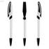 A set of black and white plastic pens, featuring a sleek design and a prominent clip. The image displays three angles of the pens.