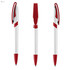 A plastic pen featuring a white body with red accents, including a click mechanism and clip. It has a logo.