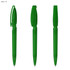 Three green plastic pens are displayed from different angles, each featuring a clip and a capped end.