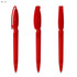 A trio of red transparent plastic pens, featuring a clip and retractable design, with branding.
