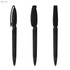 Three black plastic pens are displayed, featuring a sleek design and clip on the cap. The image includes a logo.