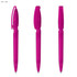 A set of three pink transparent plastic pens, each with a clip and a sleek design. They feature a logo on one side.