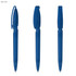 Three blue plastic pens with transparent barrels, featuring clips and retractable tips. The product includes a logo.