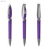 A transparent plastic pen in purple with a metallic clip and trim, featuring three different angles.