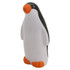 A stress relief toy shaped like a penguin, featuring a black and white body with orange accents on the beak and feet.