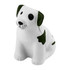 A white and green stress dog figurine, designed in a playful, sitting position. Features a friendly expression and a smooth texture.