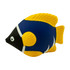 A vibrant blue and yellow stress-relief tropical fish toy, featuring a black face and an expressive design.