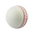 A white stress cricket ball with red stitching, designed for stress relief and relaxation. It features a logo.