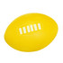 A yellow stress football with a white logo design on the surface.