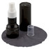 A black spray bottle with a white nozzle, a clear cap, and a black cleaning cloth. The set is for lens and screen cleaning.