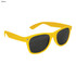 Yellow sunglasses with dark lenses and a logo on the temple.