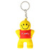 A yellow stress keyring in the shape of a smiling little man, wearing a red shirt. Features a logo.