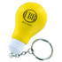 A yellow stress lighting bulb key ring with a silver chain and a logo on the surface.