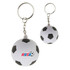 A stress soccer ball key ring in white and black, featuring a logo and attached to a silver keychain.