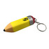 A bright yellow pencil-shaped stress keyring with a silver and red cap, attached to a metal keyring.
