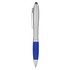 A stylus pen featuring a silver barrel, blue grip, and a logo on the side.