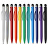 A collection of stylus pens in white, red, orange, yellow, green, blue, purple, and black, featuring a logo.