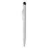 A white stylus pen with a sleek design and a black tip, featuring a clip and silver accents.