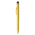A yellow stylus pen with a plastic body and a silver clip, featuring a black tip and branding.