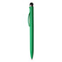 A green stylus pen with a sleek plastic design and a clip. It features a black tip and a metallic accent.