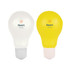Two stress light bulbs in white and yellow, with a grey and pink base, featuring a logo on each.