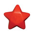 A red star-shaped stress toy with a smooth surface and rounded edges. It features a logo.