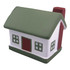 A stress toy shaped like a house, featuring a green roof, white walls, and red door and chimney. It has a logo.