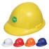 A yellow stress hard hat with a logo, alongside red, blue, white, and orange miniature hard hats.