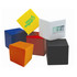 A collection of six stress cubes in yellow, white, blue, red, orange, and black, featuring a logo on some surfaces.