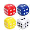 Four small stress dice in red, blue, yellow, and white. Each die features black or white dots and has a logo.