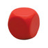 A red stress round cube with smooth surfaces, designed for stress relief. It features a logo.