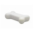 A white stress relief toy shaped like a dog bone, with a smooth, rounded design. It features a logo on the side.