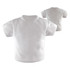A white stress T-shirt shaped stress reliever, displayed from two angles. It features a simple design and has a logo.